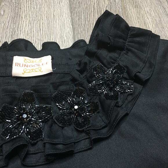 Rungolee Womens Beaded Embellished Floral Ruffled Tunic Blouse Black Relaxed Fit - Picture 4 of 10